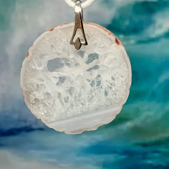 Hand Crafted Jewelry - White Onyx Druzy Geode Agate Slice Necklace on Waxed Cotton Cord  Handmade
